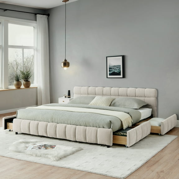 Youmumeub California King Upholstered Platform Bed with Storage Drawers, Beige Chenille Low Profile Frame & Soft Headboard, Modern Bedroom Furniture