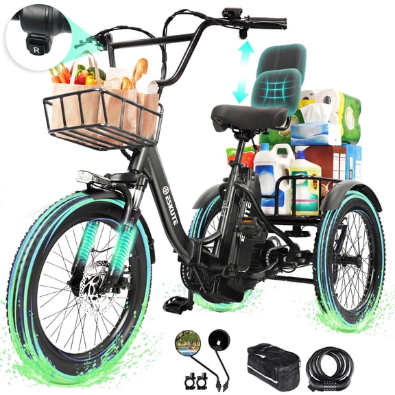 ESKUTE Electric Tricycle for Adults with Reverse, 750W Motor, 48V 20.8Ah Removable Battery, 20" x 3.0" Fat Tires, Up to 80 Miles Range, 3 Riding Modes, Black with Phonbag & Lock & Mirror