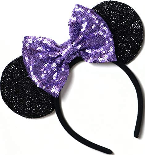 Spring Blooms Fabric Mouse Ears with Shiny Purple Sequin Bow