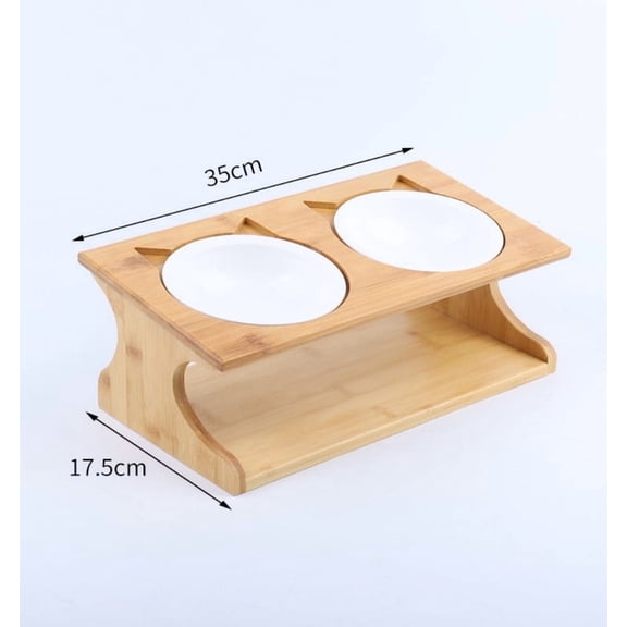 Fairela™ Ergonomic Bamboo Elevated Double Cat Bowl Stand with Ceramic Bowls - Raised Pet Feeder for Cats, Kittens & Small Dogs