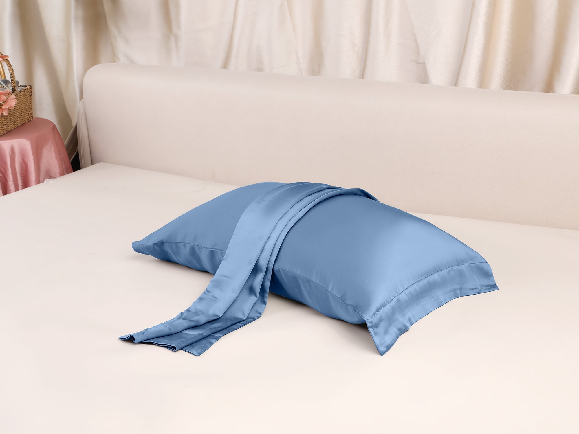 Unique Bargains Satin Pillow Cases Set of 2 Cooling Pillow Covers Queen Navy Blue