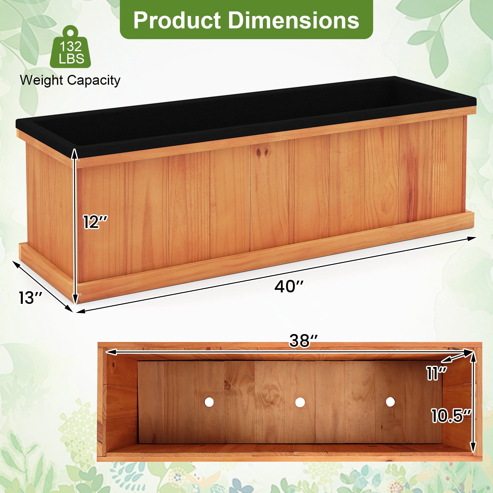 Costway 2 PCS Wood Raised Garden Bed with Drainage Holes, Liner for Flowers Vegetables Herbs