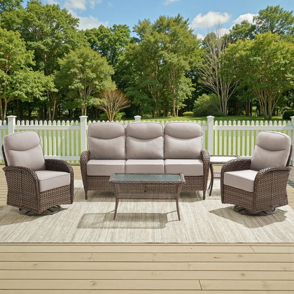 Luxury 5 Piece Patio Furniture Sets Outdoor Wicker Rattan Conversation Sofa Rocking Swivel Chairs Set with 6" Thick Cushions and Coffee Tables for Backyard Balcony Garden, Beige