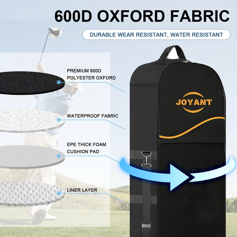 Golf Travel Bag with Wheels for Airlines, Rolling Golf Club Transport Case, Foldable Soft 600D Waterproof Oxford Golf Club Travel Covers with Shoe Pocket Black