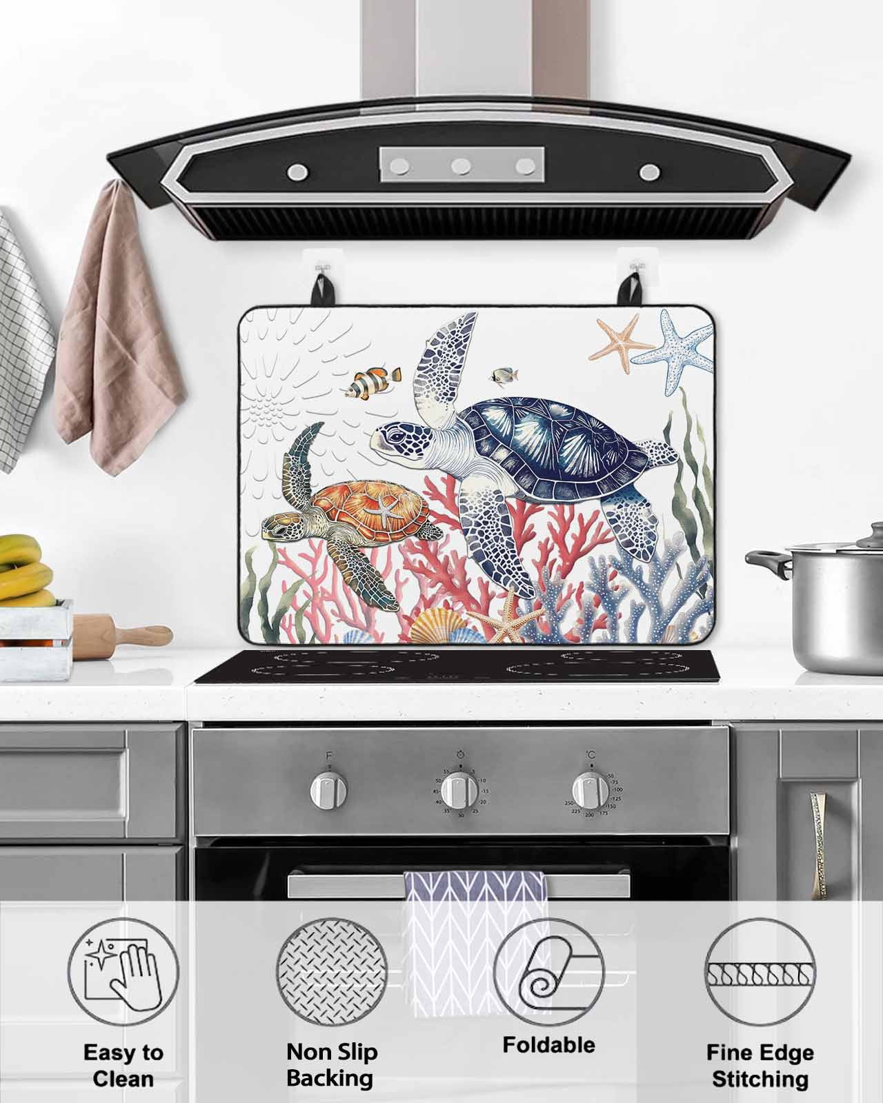 nqOlkjepod Large Induction Cooktop Protector Mat 36"x21", Blue Sea Turtle Coastal Stove Top Covers for Electric Stove, Summer Beach Coral Shell Nautical Stove Burner Cover Mats Stove Cover