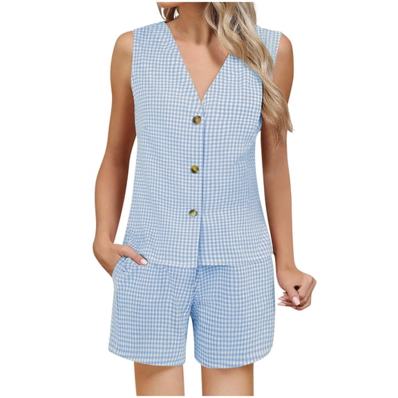 Guluxicc 2 Piece Womens Plaid Sets Linen Blend Button Tank Tops and Pocket Shorts Summer Casual Vacation Daily Wear Outfit Sets