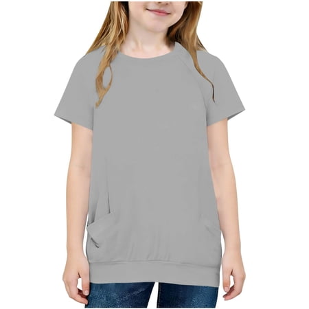CYRBOKO Girls T-shirts with Pockets Casual Summer Short Sleeve Crewneck Pullover Tops Gray Size 11-12 T