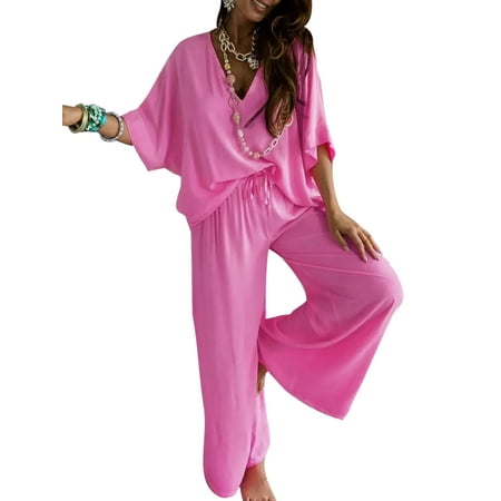 

Beiwei Women Loose Fit Solid Color Nightwear Drawstring Casual Pajamas Elastic Waist Joggers Loungwear Pink L