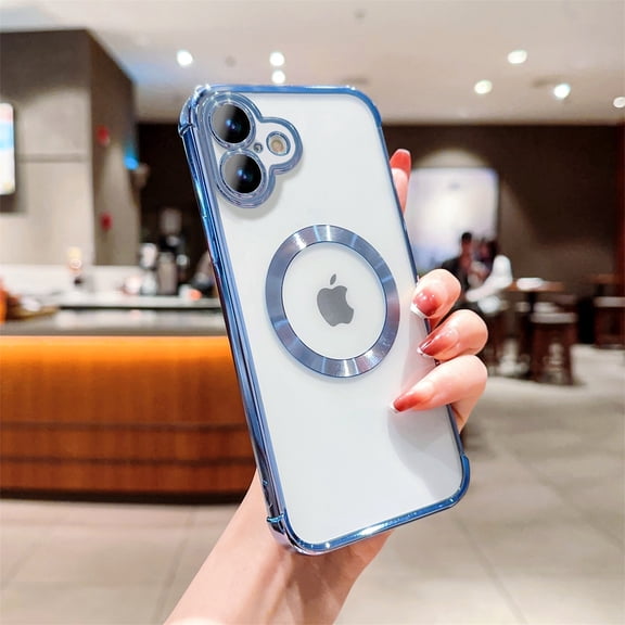 Crystal Clear Magnetic Case For iPhone 16 Built-in Camera Protection, Plating Electroplated Bumper Compatible with MagSafe Wireless Charging Shockproof Protection Cover,Blue