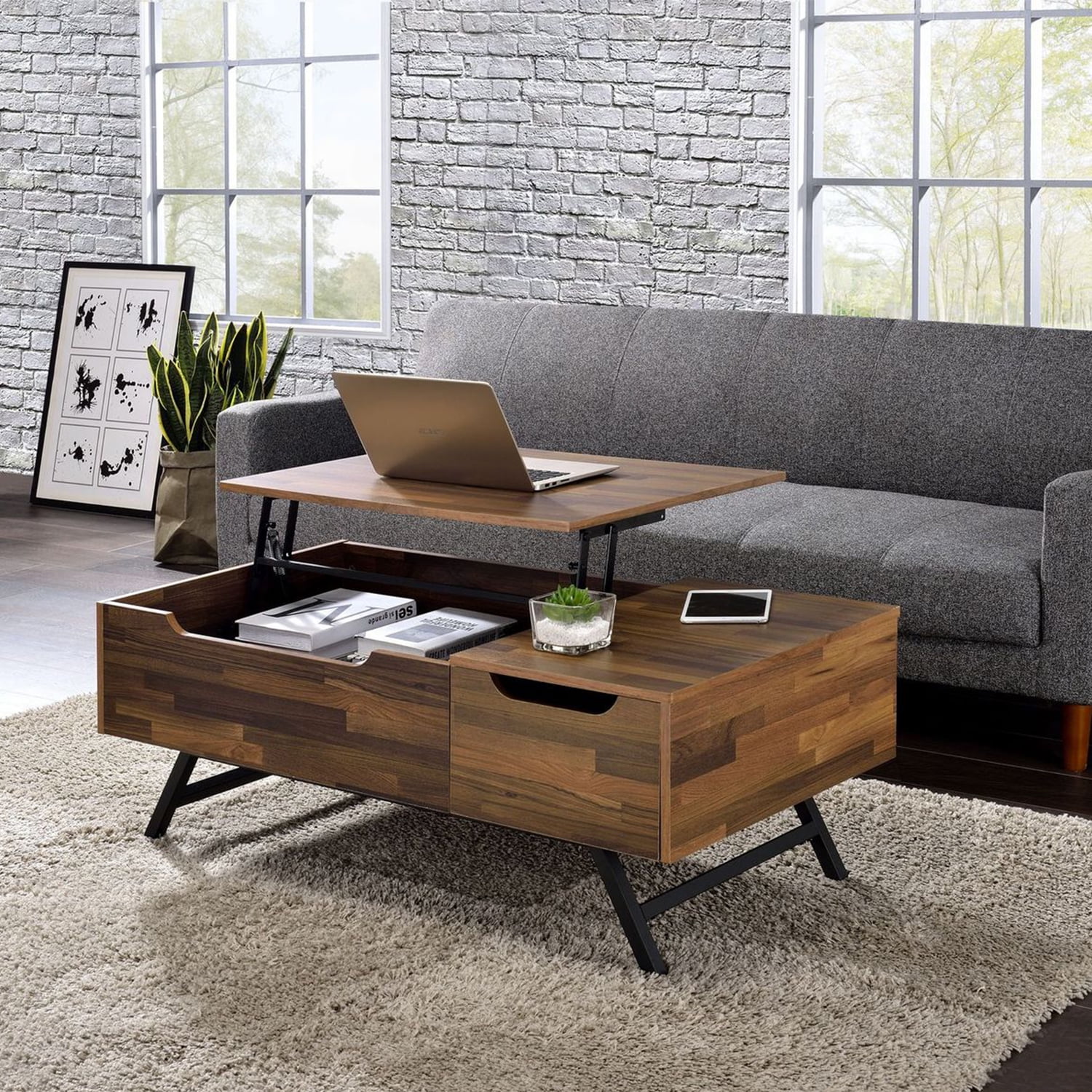 Kadyn Mid Century Modern Living Room Coffee Table, Ceiling Coffee Table with Hidden Storage Room, Living Room Table with Drawers, Walnut
