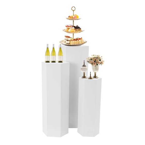 3PCs Metal Pedestal Stand for Party, White Cake Pedestal Display Pillars for Wedding, Sculpture Hexagonal Display Stand, Wedding Pillar for Birthday Baby Shower Event Decoration