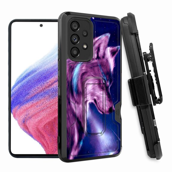 ANJ  Rugged Shockproof Hoster Case w/Card Slot, Kickstand   Tempered Glass Cover for Samsung Galaxy A33 5G - Wolf Galaxy (Blue)