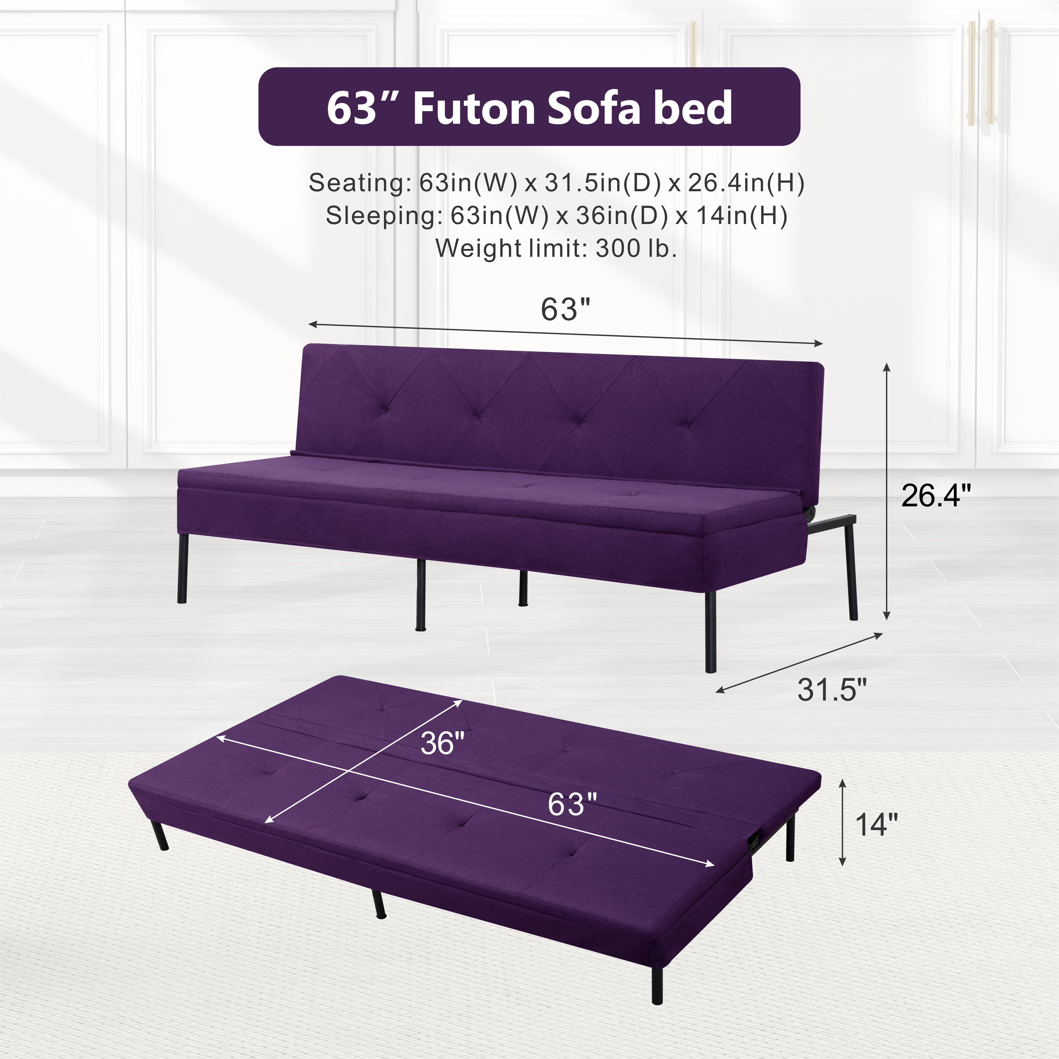 Gewnee 63" Modern Convertible Futon Sofa Bed, Pull-Out Sleeper with Adjustable Backrest(Purple)