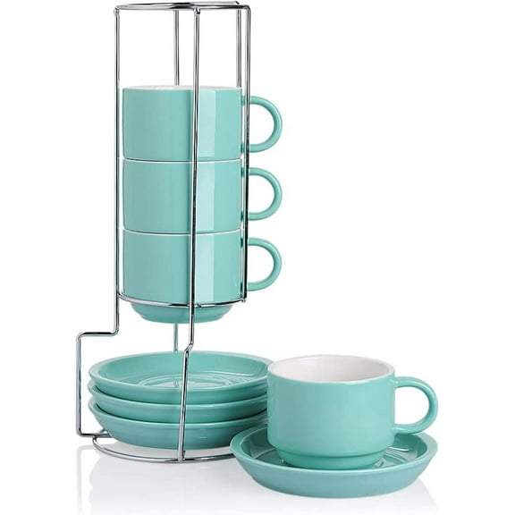 SWEEJAR Porcelain Cappuccino Cups with Saucers and Metal Stand,Espresso Cups for Specialty Coffee Drinks - Set of 4, 8 oz,Turquoise