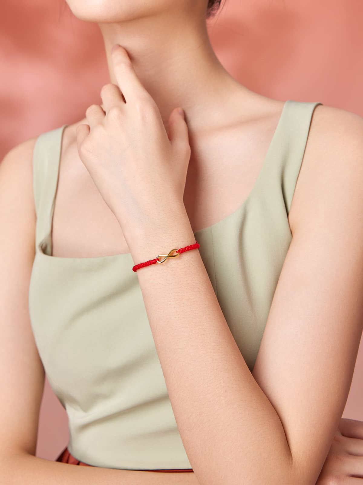 ZHOU LIU FU 24K Real Gold Love Infinite Charm Bracelets, Adjustable Red Braided Rope Jewelry Gift for Women Men Couple Lover