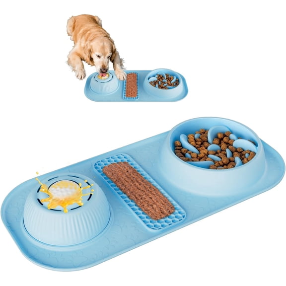 Pawinner 3-in-1 Slow Feeder Dog Bowl, Anti-Choking Puzzle Bowl with Lick Mat & Rolling Ball, Bloat Stop Maze Dish for Small Medium Large Dogs, Blue