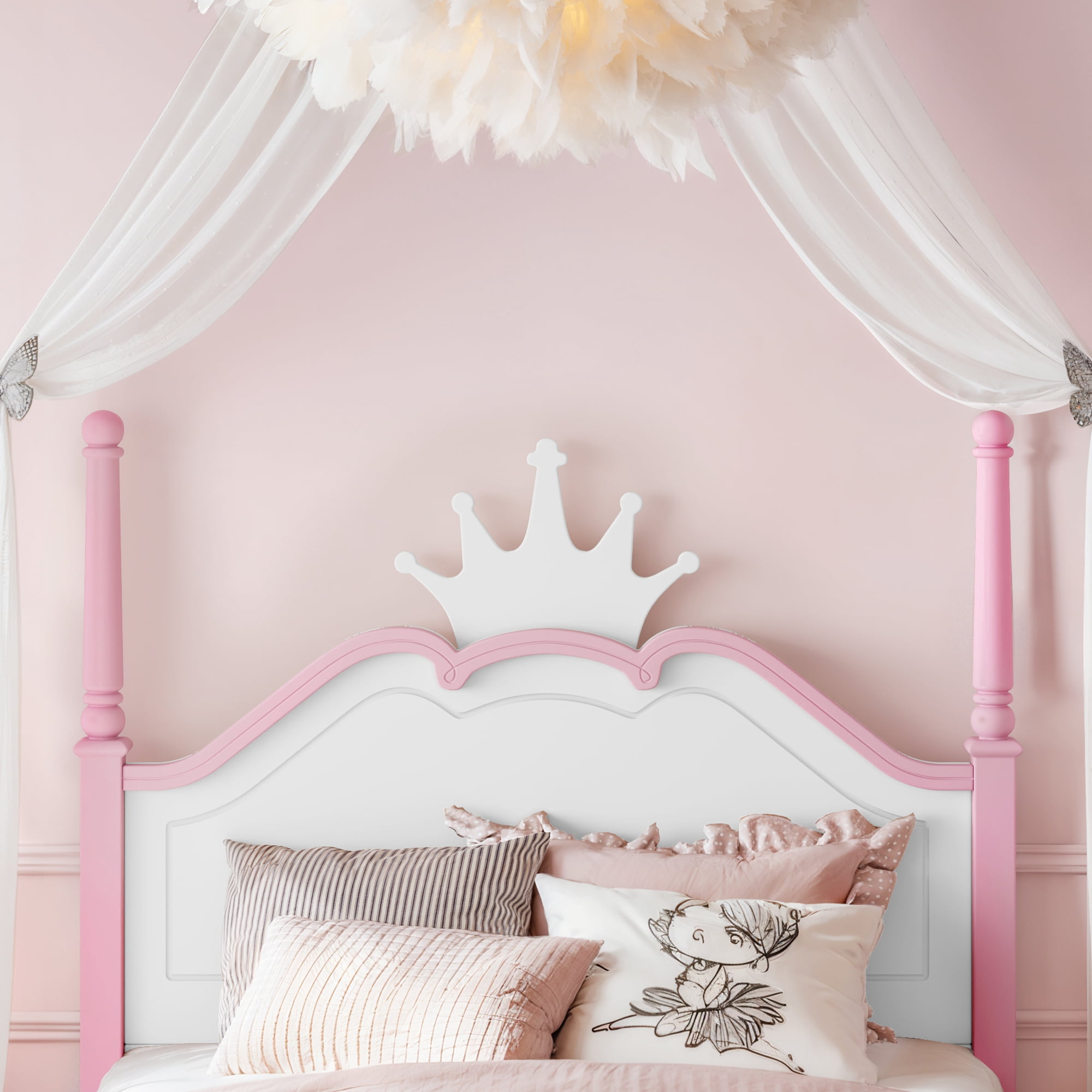 GARITIN Full Size Crown Shaped Platform Bed, Four Poster Wooden Bed Frame, Elegant Curved Headboard Bed Frame for Bedroom Guest Room, White&Pink