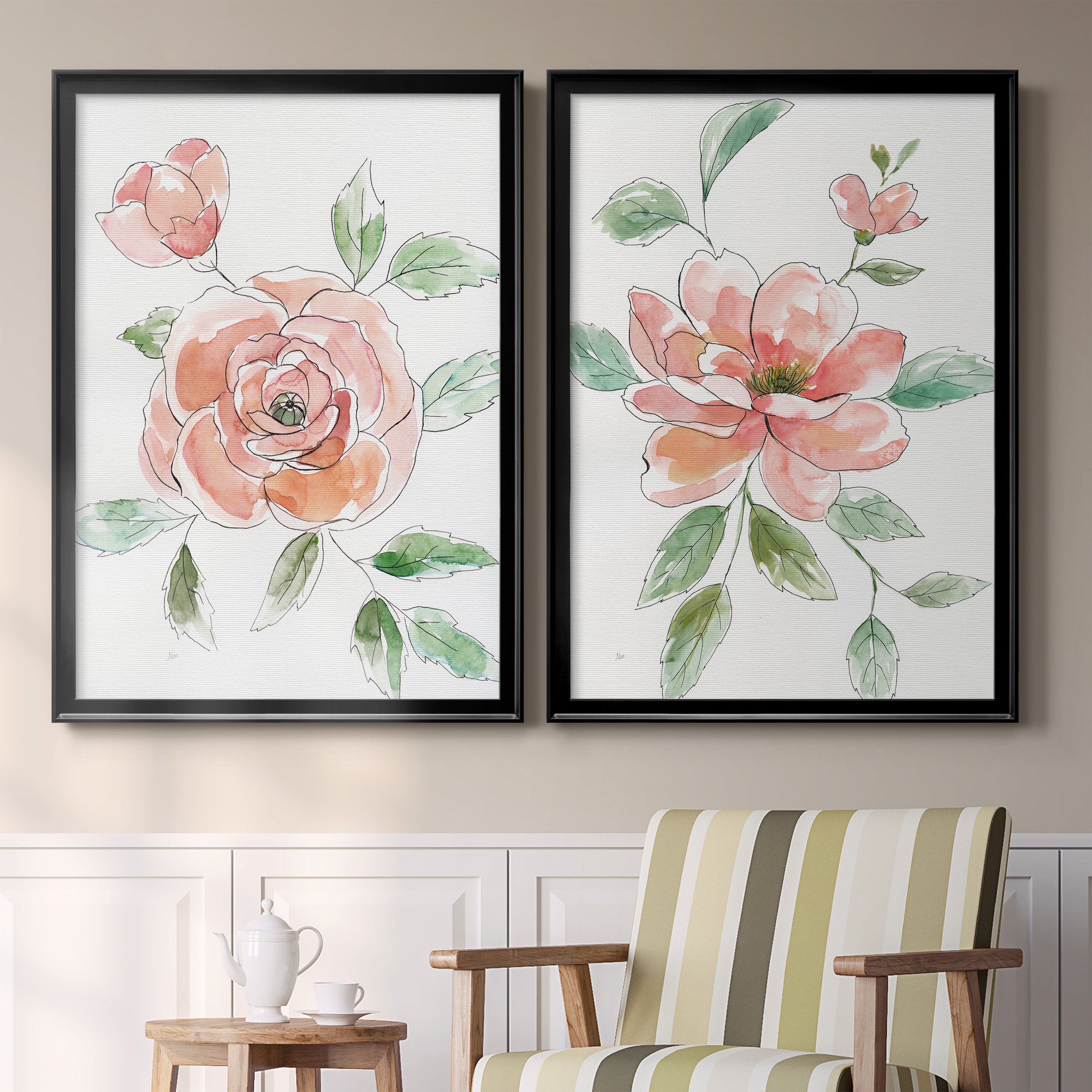 2 Piece Set Rose Contour Premium Framed Canvas - Ready to Hang - 26.5 x 36.5 Each - Black Frame