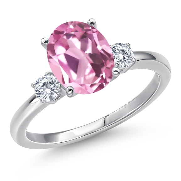 Gem Stone King 14K White Gold Light Pink Created Sapphire and Moissanite Engagement Ring for Women | 3.20 Cttw | Oval 10X8MM | Gemstone September Birthstone | Size 9