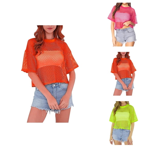 Fishnet Top for Women Short Sleeve Crew Neck See Through Mesh Loose Fit Casual Streetwear Festival Summer Crop Top