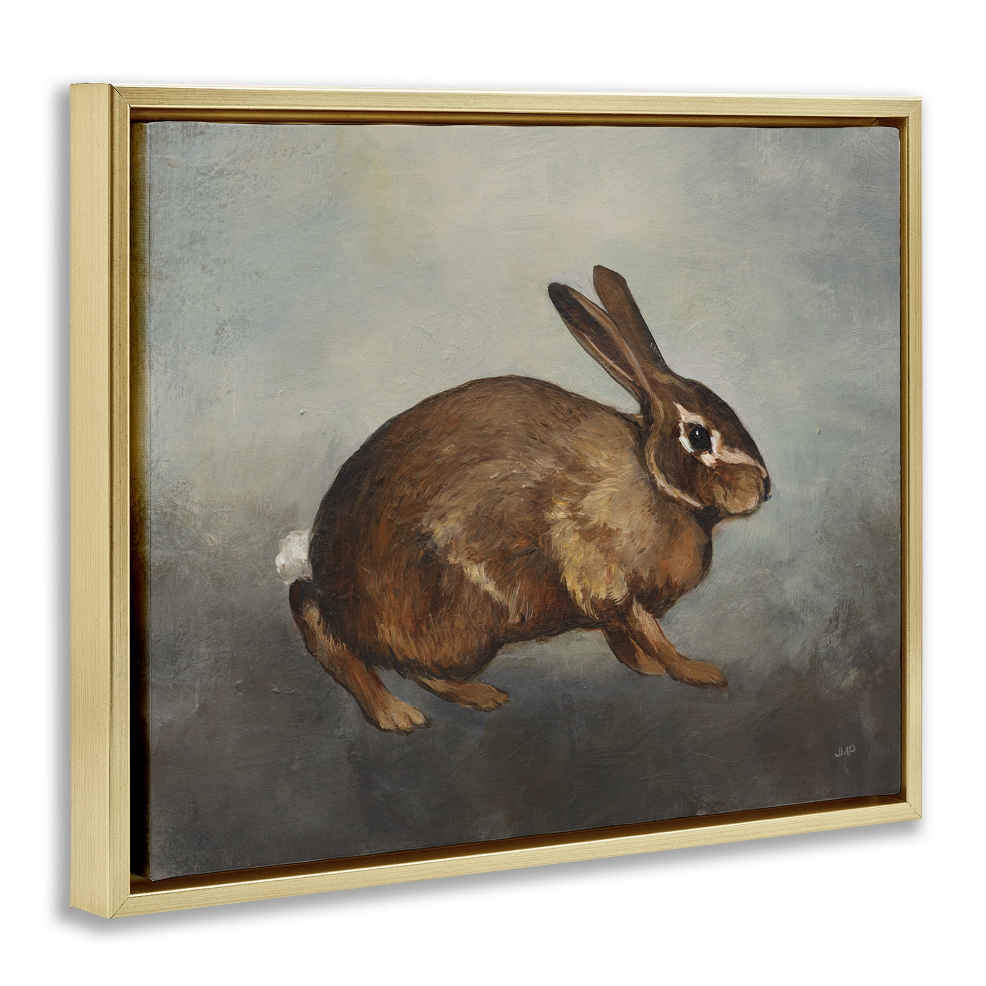 Stupell Industries Brown Rabbit on Grey Animals & Insects Painting Gold Floater Framed Canvas Art Print Wall Art, 31 x 25