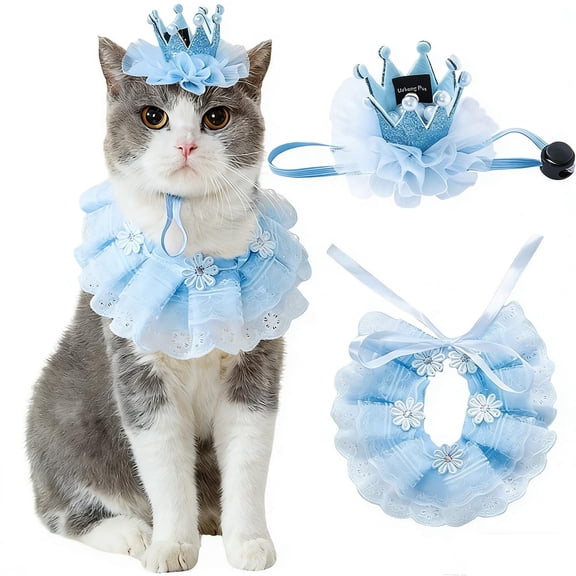 Cat Princess Costumes Cat Crown Hat & Lace Bandana Scarf Set, Puppy Party Hat for Small Dogs & Cats, Lace Outfit for Cats and Small Dogs Birthday Party(blue)