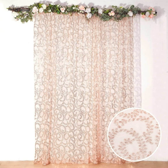Efavormart 8ftx8ft Blush Rose Gold Tulle Backdrop Curtain With Sequin Leaf Embroidery, Sparkly Sheer Drapery Panel With Rod Pocket