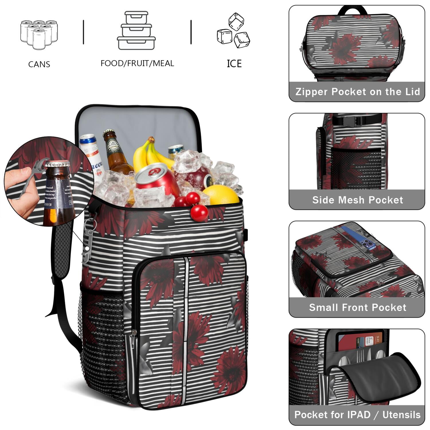 Travel Cooler Bag - Pioneer Flower Floral Print Pattern Camping Beer Cooler Backpack with Bottle Opener- Waterproof Insulated Picnic Backpacks - Cooler Bag for Beach