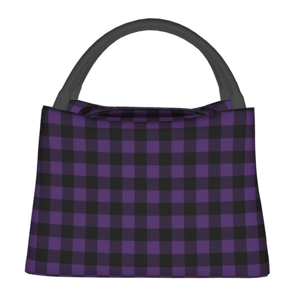 Easygdp Purple Black Plaid Bolsa de Almuerzo Insulada Reutilizable, Bolsa de Mano y Bandolera para Oficina, Trabajo, Viajes