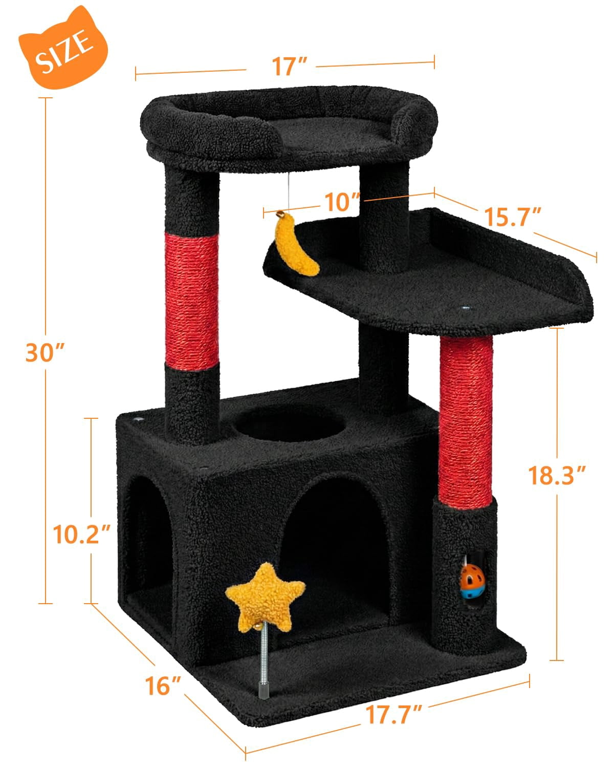 32in Cute Cat Tower For Indoor Cats With Condo  Plush Platform Hammock Sisal Posts Dangling Ball Tall Tree Self-grooming Brush (jet Black)
