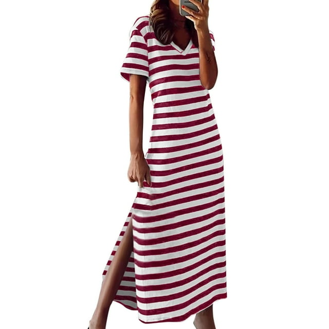 Kcodviy Robe Femme à Col en V Droite Robes Extensibles pour Femmes Robe Ample à Imprimé Rayé Robe de Soirée d'Automne Robes Grande Taille Robe Nuisette Femme Habillée Robe Midi à Col en V