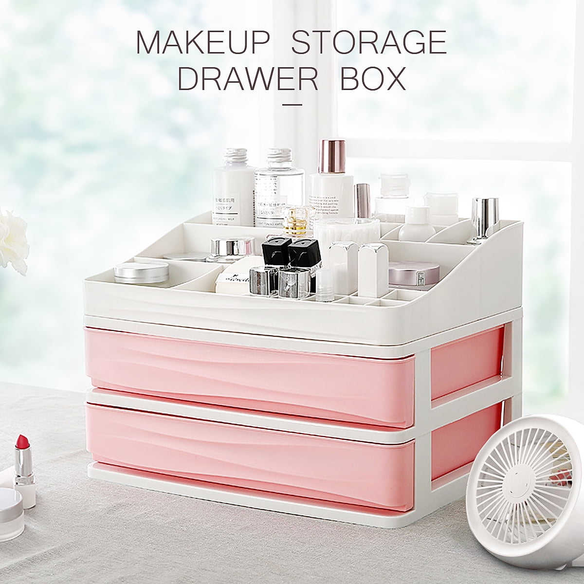 Makeup Jewelry Cosmetic Organizer, Large 2 Drawer Design, Pink