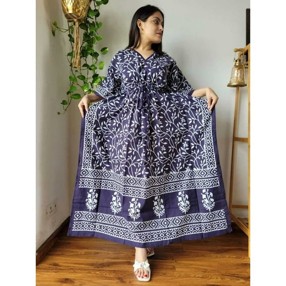 handmade kaftan dress for women, hand block organic cotton kaftan, beach wear, loungewear, sleepwear