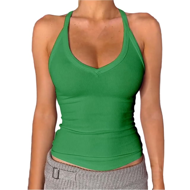 DondPO Womens Tank Tops,Lady V Neck Racer Back Tank Top For Women Padded Ribbed Long Tank Fitted Basic Tops,Halter Tops for Women,Womens Loose Tank Tops Clearance! Green S Clearance!