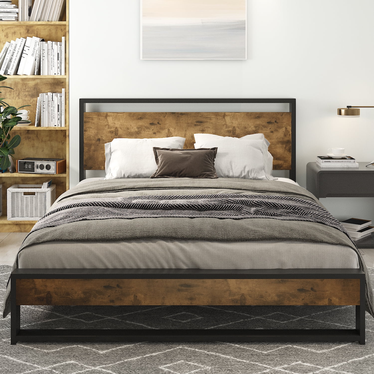 Amolife Queen Bed Frame With Wooden, Light Brown Wood Headboard