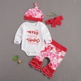 thumbnail image 2 of Children's Four Piece Set, Newborn Baby My First Valentine's Day Romper Flared Trousers Ruffle Bow Tie Heart Pattern Hat, 2 of 9