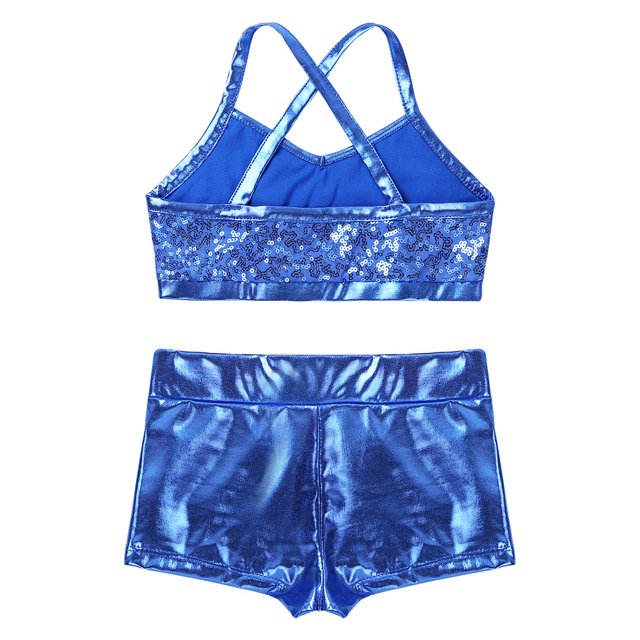 iiniim Girls' Kids 2-Piece Active Set Dance Sport Outfits Racer Back Top and Booty Short Gymnastics Dancing Clothes Light_Blue Sequins 8