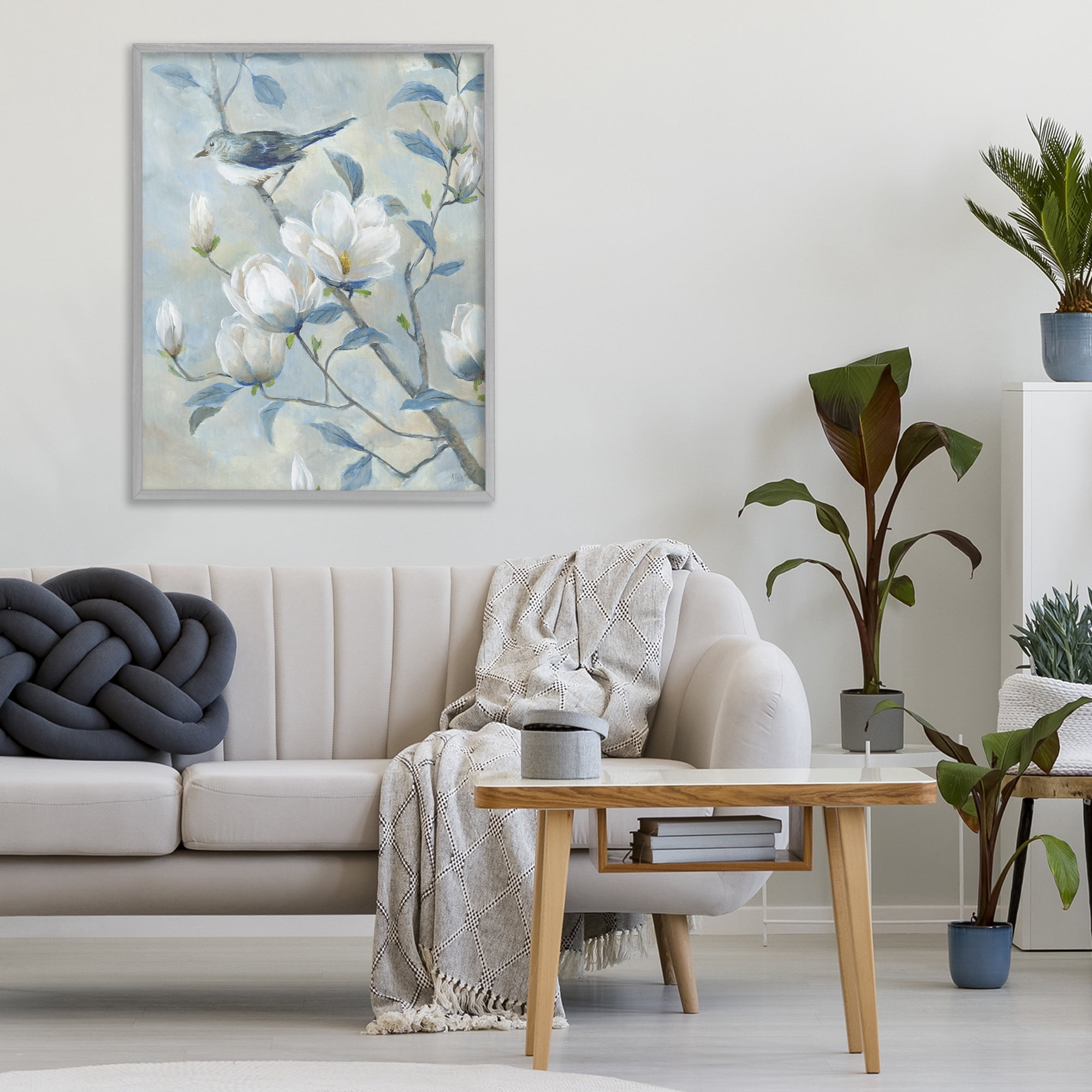Stupell Industries Blue Bird in Magnolia Tree Gray Framed Giclee Art, design by Nan