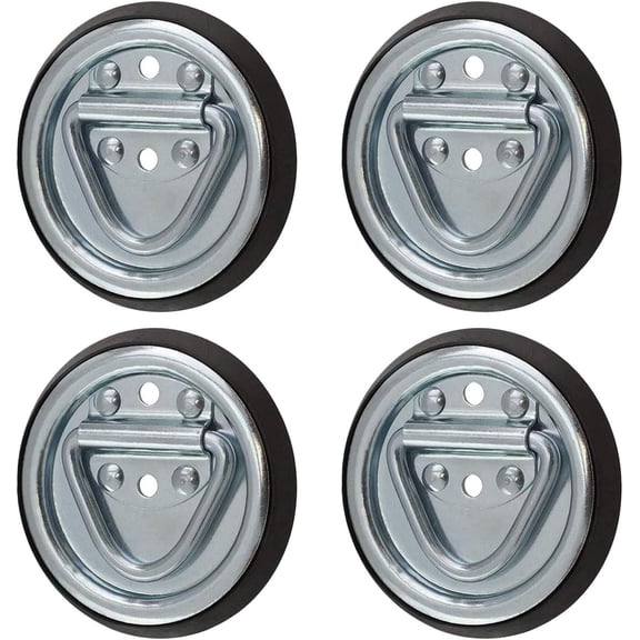 4 Pack D Ring Steel Tie-Downs - Floor Flush Surface Mount with Black Bases - Tiedown Breaking Load of 1,200 Pounds
