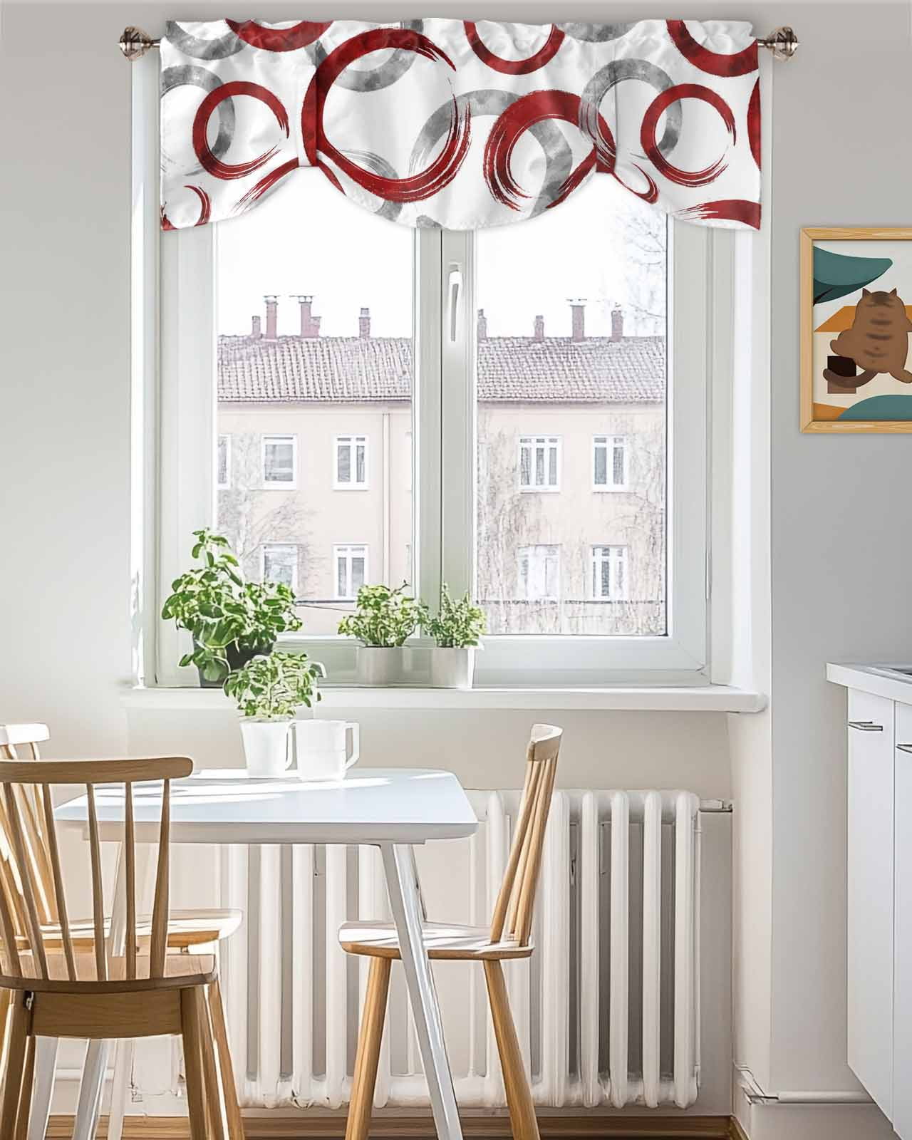 Vintage Red Gray Circle Lines Tie Up Valances Curtain, Adjustable Kitchen Abstract Art White Background Valances for Windows Decor, Rod Pocket Short Curtains Set for Bedroom/Bathroom, 54"x18"