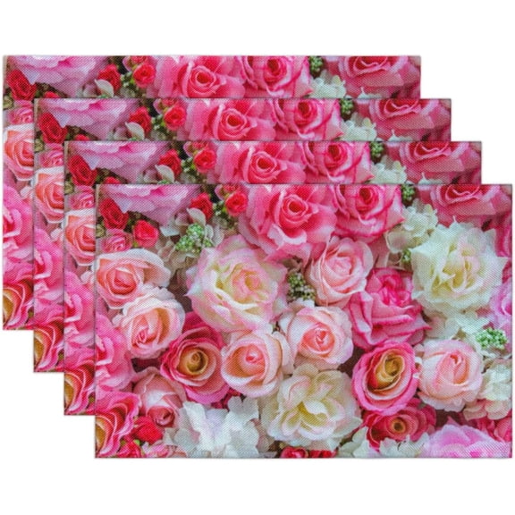 Pink Roses Placemats Set of 4, Gorgeous Flower Farmhouse Table Place Mats Washable Wipeable Cloth Placemat for Kitchen Dining Table Decoration Indoor Outdoor 12x18 Inch