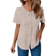 thumbnail image 4 of Craaazy Women Plus Size Tops Loose Fit Solid Color Doll Collar Button Up Short Sleeve Cotton T Shirts for Daily Wear Gift, 4 of 6