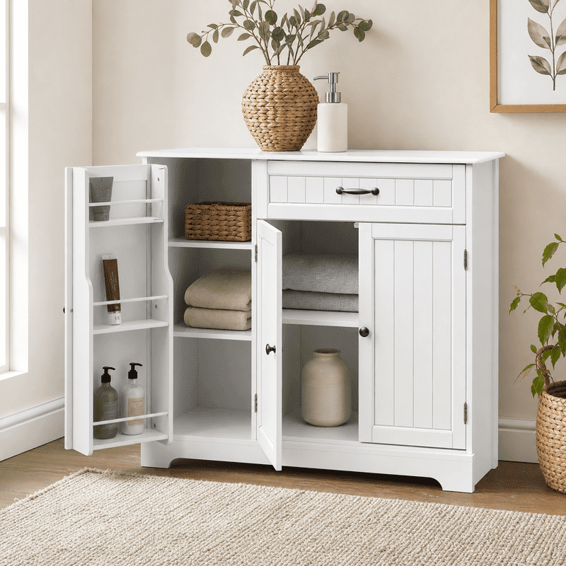 Aiho Farmhouse Kitchen Buffet Cabinet: Freestanding Storage Sideboard with Drawer, Double Doors & Adjustable Shelves, Painted,ALL WHITE