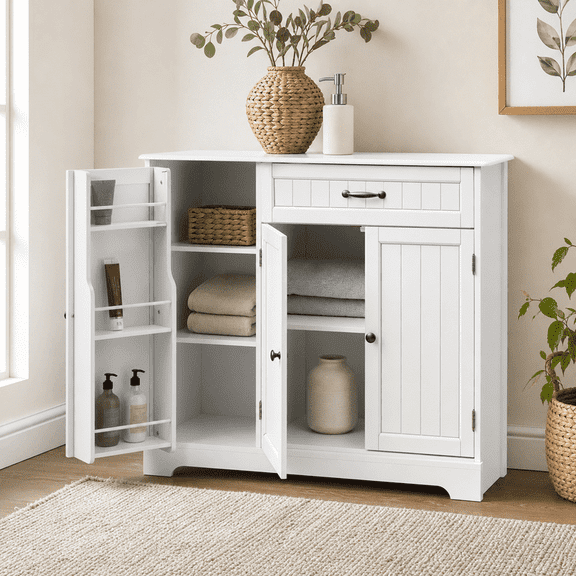 Aiho Farmhouse Kitchen Buffet Cabinet: Freestanding Storage Sideboard with Drawer, Double Doors & Adjustable Shelves, Painted,ALL WHITE