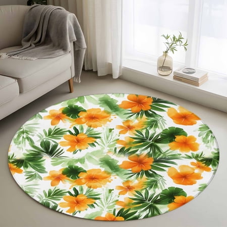 Round Area Rug 4ft Ombre Watercolor Tropical Leaves Non-Slip Non-Shedding Floor Mat Summer Orange Floral Leaves Washable Sturdy Carpet for Living Room Bedroom Home Decor