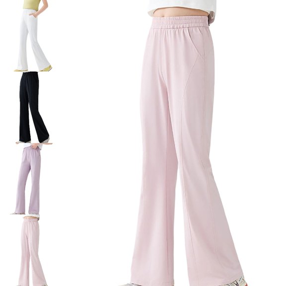 UJNDER Girls Ice Silk Flared Trousers Breathable Lightweight Long Comfortable Casual Style Girls Pants,Pink,13-14 Years