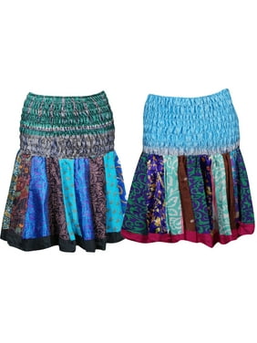 Mogul 2 Pc Women's Skirt Colourful Printed Sari Sexy Flared Gypsy Boho Mini Skirts