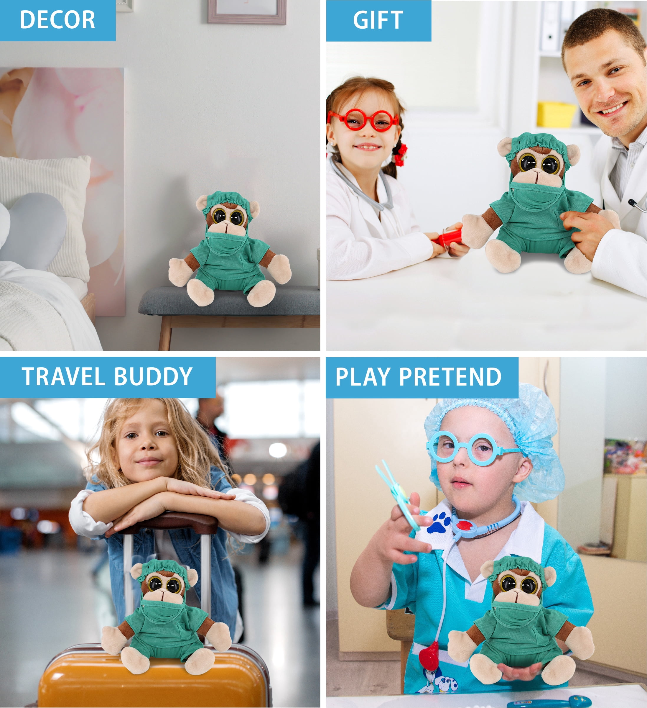 DolliBu Monkey Big Eye 6-inch Doctor Plush Toy - Super Soft Monkey Doctor Stuffed Animal Dress Up with Cute Scrub Uniform and Cap Outfit - Fluffy Doctor Toy Plush Gift - 6 Inches