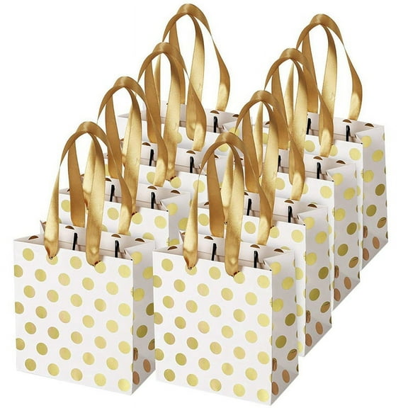 Small Gift Bags with Ribbon Handles Gold Mini Gift Bag,for Birthday Weddings Christmas Holidays Graduation Baby Showers(Metallic Dots 8 Pack Bulk)