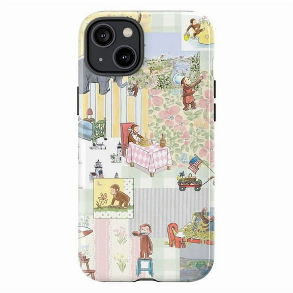 Curious Monkey Patchwork iPhone Case – Vintage Cartoon Design with Multiple Scenes, Cute & Protective Phone Cover for iPhone 11/12/13/14/15/16 Mini Pro Max Plus